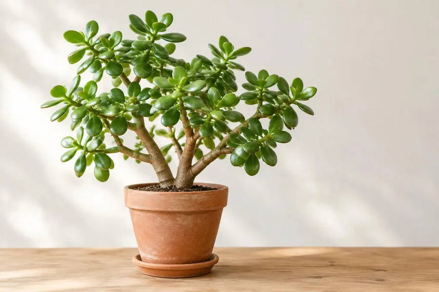 Crassula ovata met dikke ovale bladeren in een terracottapot