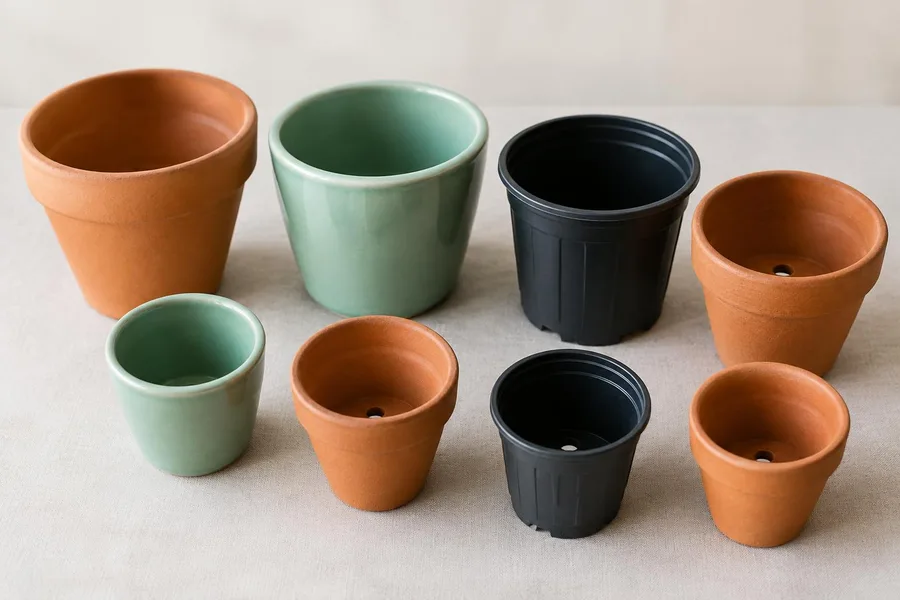 Lege terracotta, keramische en kunststofpotjes in twee maten
