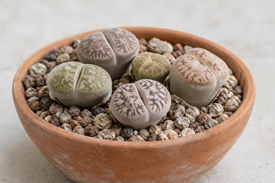 Lithops levende stenen in een ondiepe terracottapot met grind