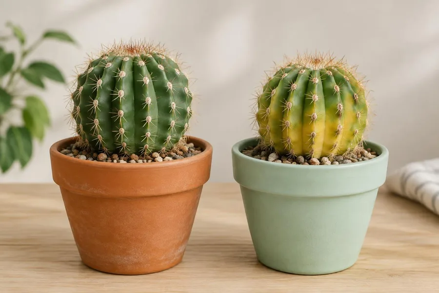 Gezonde groene cactus naast een licht vergeelde cactus