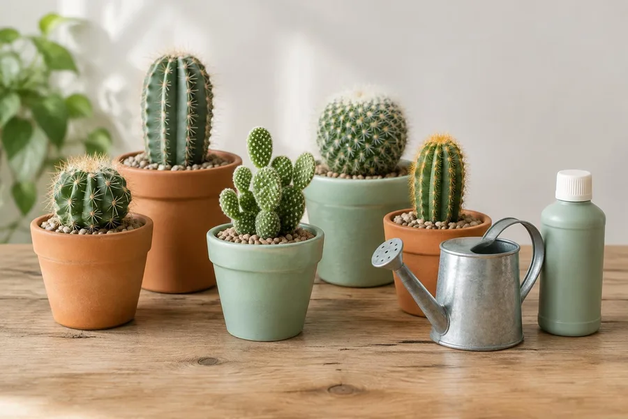 Cactussen naast een gietertje en een flesje plantenvoeding