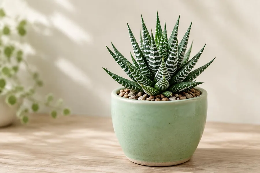 Haworthia met gestreepte puntige blaadjes in een mintgroen potje