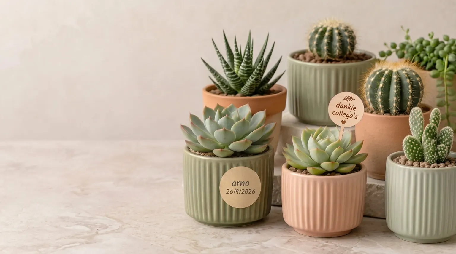 Vetplantjes in groene en roze potjes: één met een ronde sticker met naam en datum, één met een houten prikker met de tekst dankje collega's