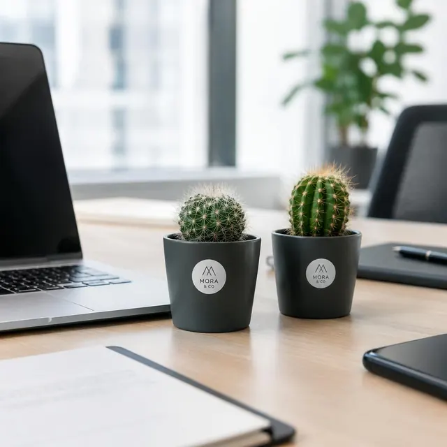 Op het bureau: Plantjes met een sticker met een persoonlijke boodschap.