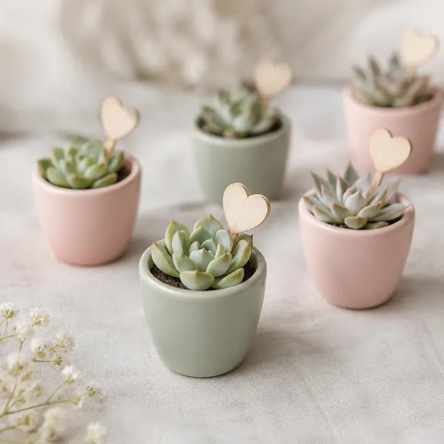 Zacht pastel: Pastelkleurige potjes met een houten hartprikker met naam en datum.