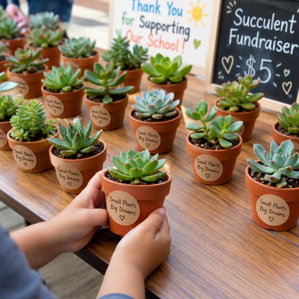 Vetplantjes met stickers voor een schoolverkoop