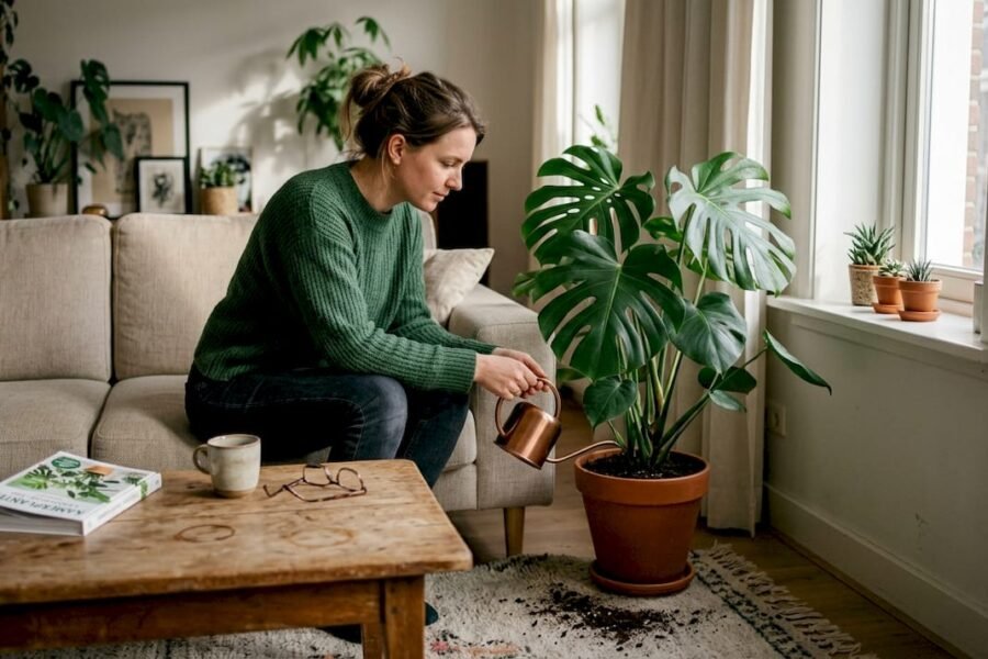 Een vrouw geeft haar kamerplanten in de woonkamer liefdevolle verzorging, met extra aandacht voor duurzame en milieuvriendelijke soorten.