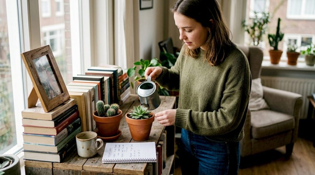 Een vrouw geeft haar vetplantje in een terracotta pot wat water.