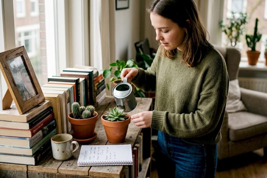 Een vrouw geeft haar vetplantje in een terracotta pot wat water.