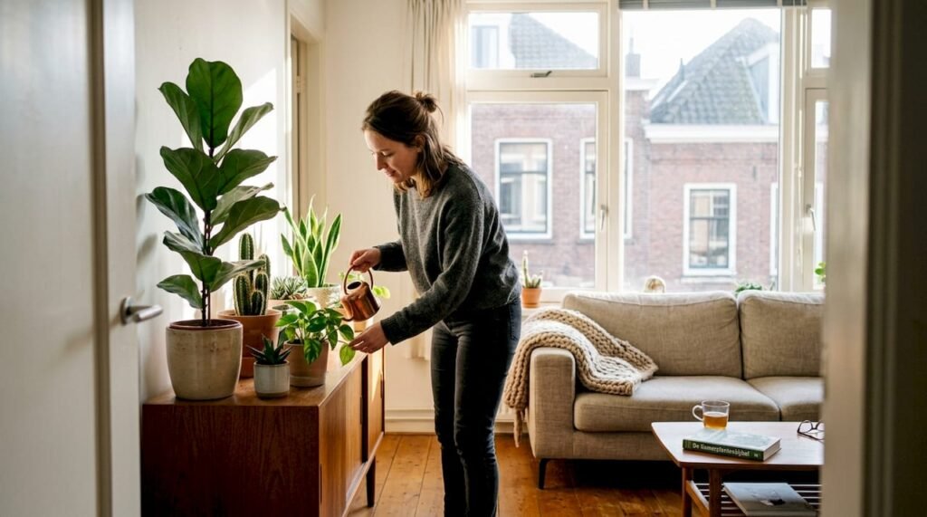 Een eigentijdse woonkamer waar het daglicht volop binnenvalt en groene planten zorgen voor een frisse, gezellige sfeer.