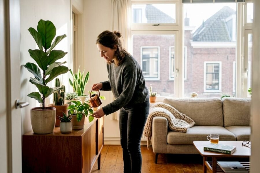 Een eigentijdse woonkamer waar het daglicht volop binnenvalt en groene planten zorgen voor een frisse, gezellige sfeer.