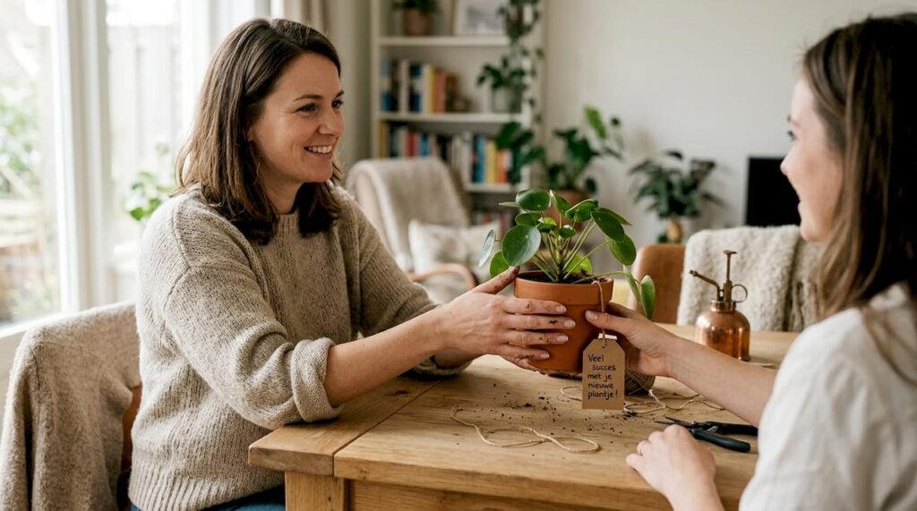Een vrouw verrast iemand met een mooie kamerplant in een pot.
