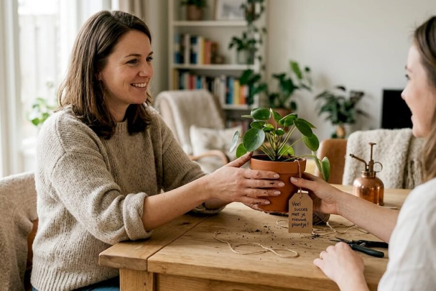 Een vrouw verrast iemand met een mooie kamerplant in een pot.