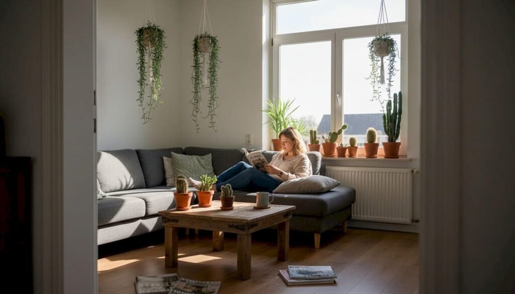 Een vrouw zit ontspannen te lezen in haar sfeervolle woonkamer, omringd door groene kamerplanten.