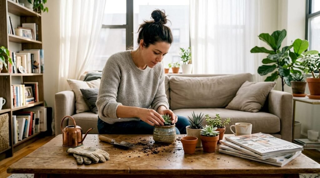 Een vrouw zet met zorg haar verzameling vetplantjes in mooie, trendy potjes neer.