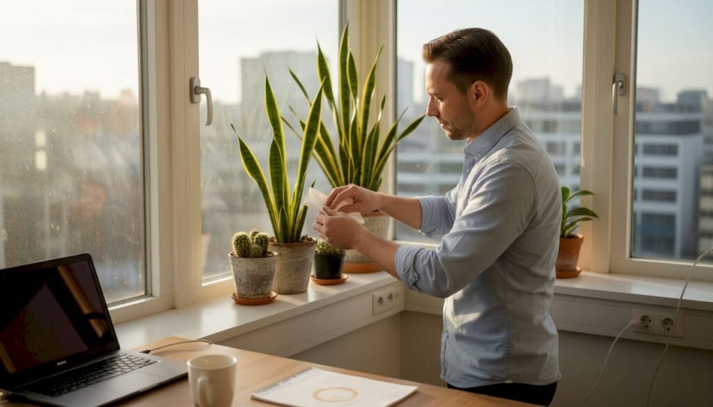 Een kantoormedewerker die met zorg zijn sansevieria en cactus water geeft en af en toe de blaadjes inspecteert.
