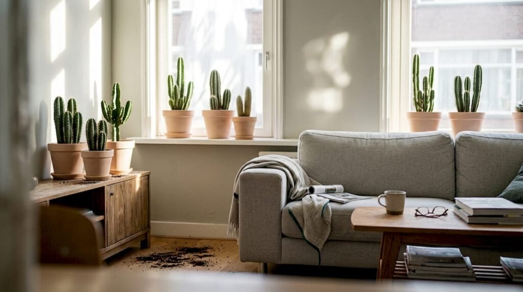 Her en der geplaatste cactussen zorgen voor een zonnige en levendige sfeer in de woonkamer.