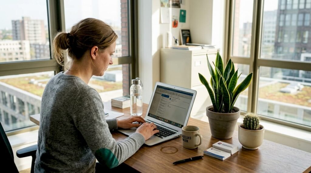 Een bureau met een mooie combinatie van een sansevieria en een cactus als groene blikvangers.