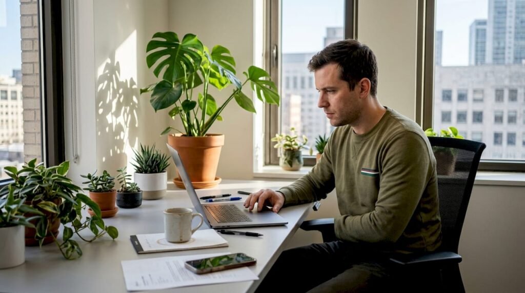 Werknemer met kamerplanten op druk bureau in kantoor