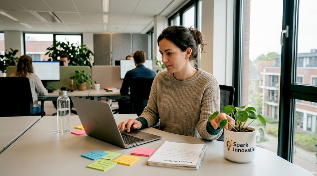 Een medewerker zit aan zijn bureau, omringd door een paar planten.