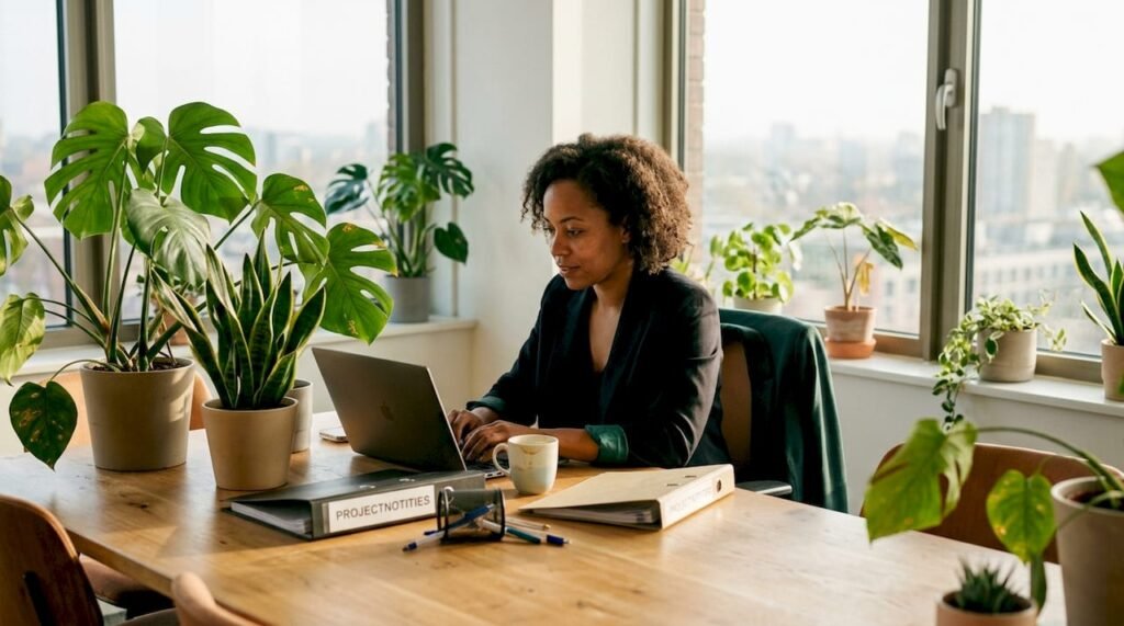 Een zakenvrouw aan het werk, omringd door groene kantoorplanten.