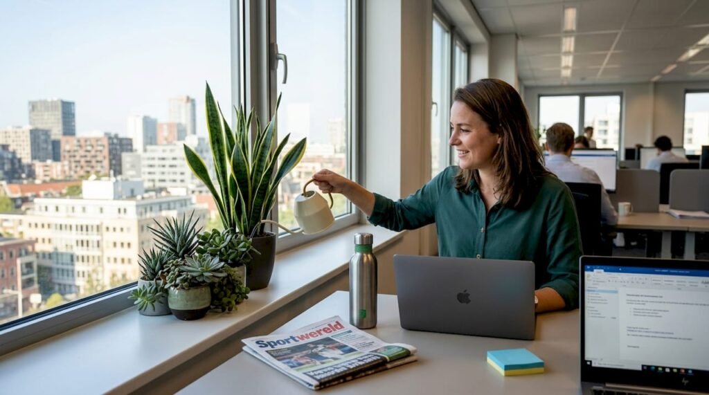 Op kantoor houdt een collega zich enthousiast bezig met het verzorgen van duurzame planten.