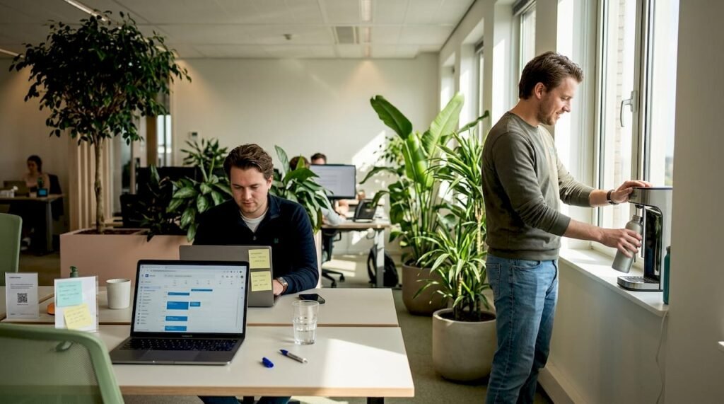 Een eigentijdse werkruimte met veel groen en grote ramen die voor lekker veel daglicht zorgen.