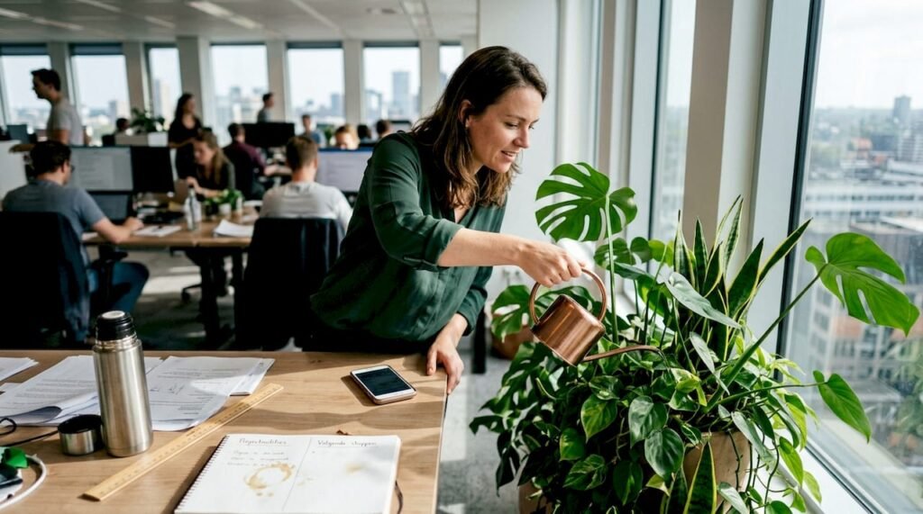Een medewerker geeft de planten op het kantoor bij zijn werkplek water en verzorgt ze.