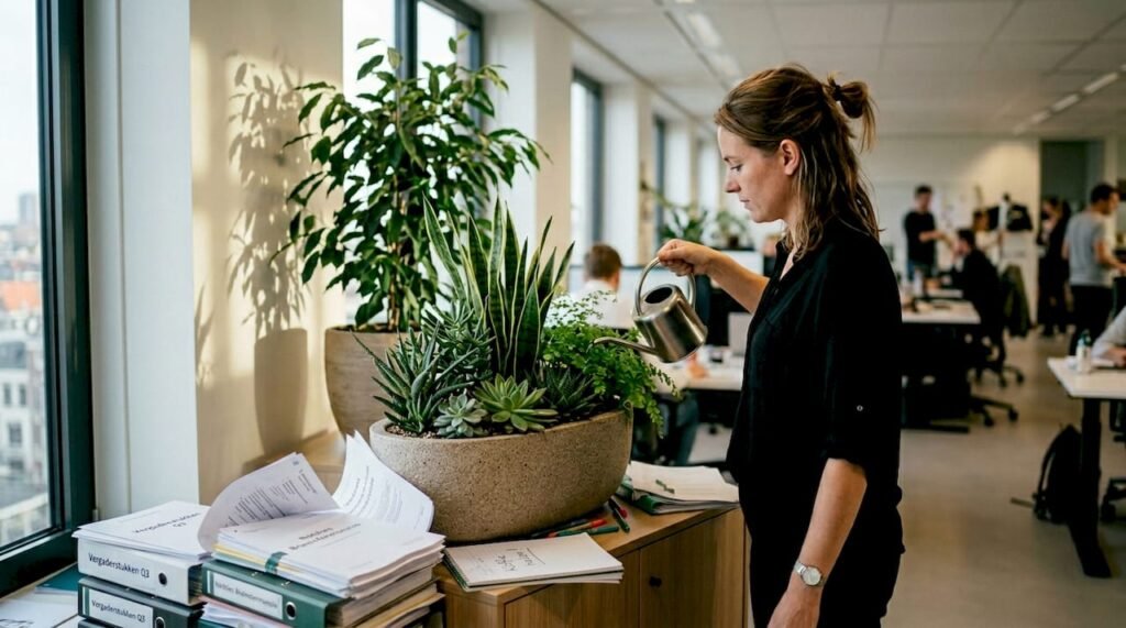Een medewerker verzorgt de plantenbak met verschillende planten op kantoor.