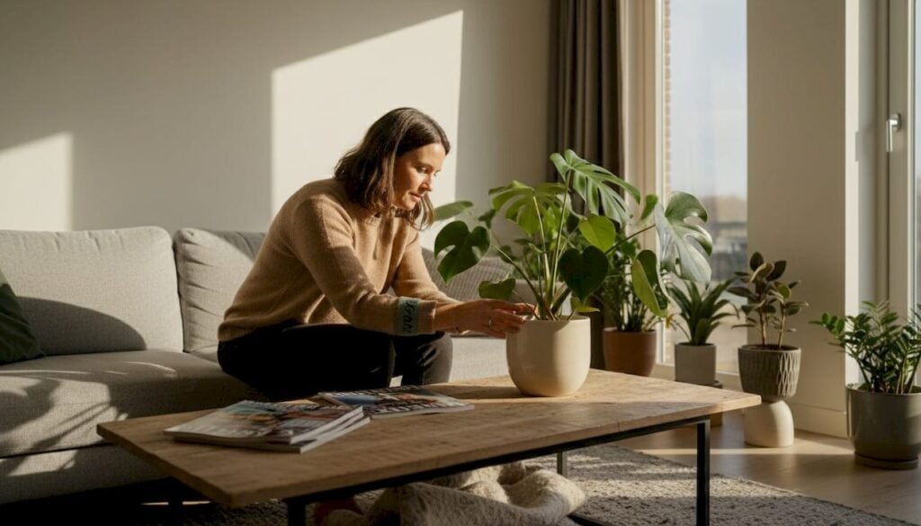 Een sfeervolle woonkamer met mooie planten en stijlvolle potten
