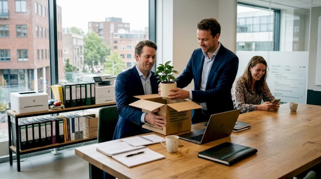 Op kantoor wordt een nieuwe kantoorplant uitgepakt.
