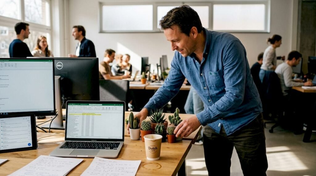 Een kantoormedewerker geeft zijn bureau wat sfeer door een cactus neer te zetten.