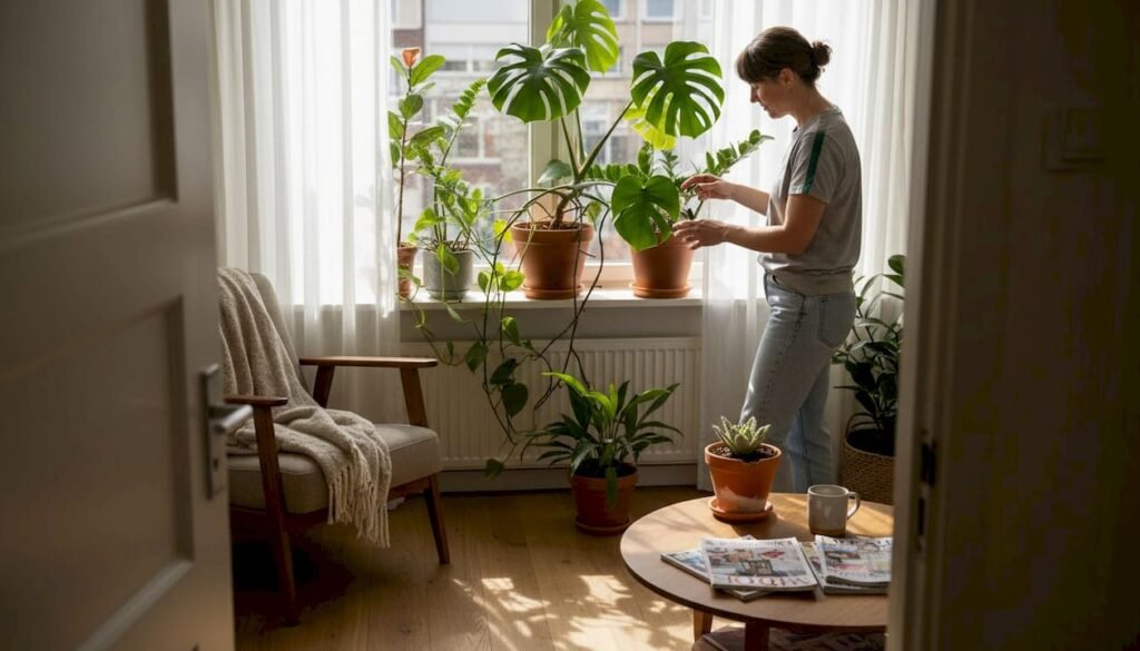 Een vrouw verzorgt haar kamerplanten bij het raam.