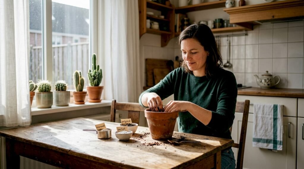 Vrouw bereidt potgrond voor haar cactussen aan de eettafel
