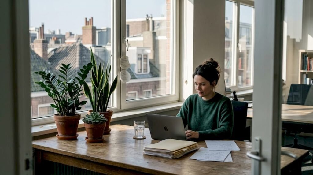 Een modern kantoor met frisse, groene planten waar een vrouw geconcentreerd aan het werk is.