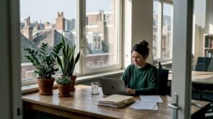 Een modern kantoor met frisse, groene planten waar een vrouw geconcentreerd aan het werk is.