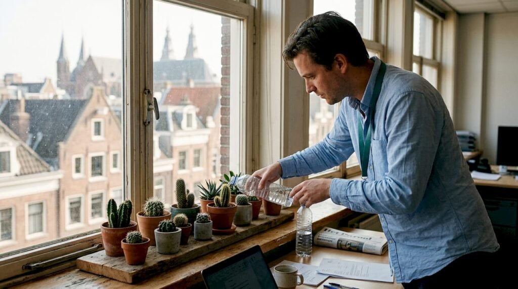 Een kantoormedewerker geeft de cactussen bij het raam water en zorgt ervoor dat ze er gezond uitzien.