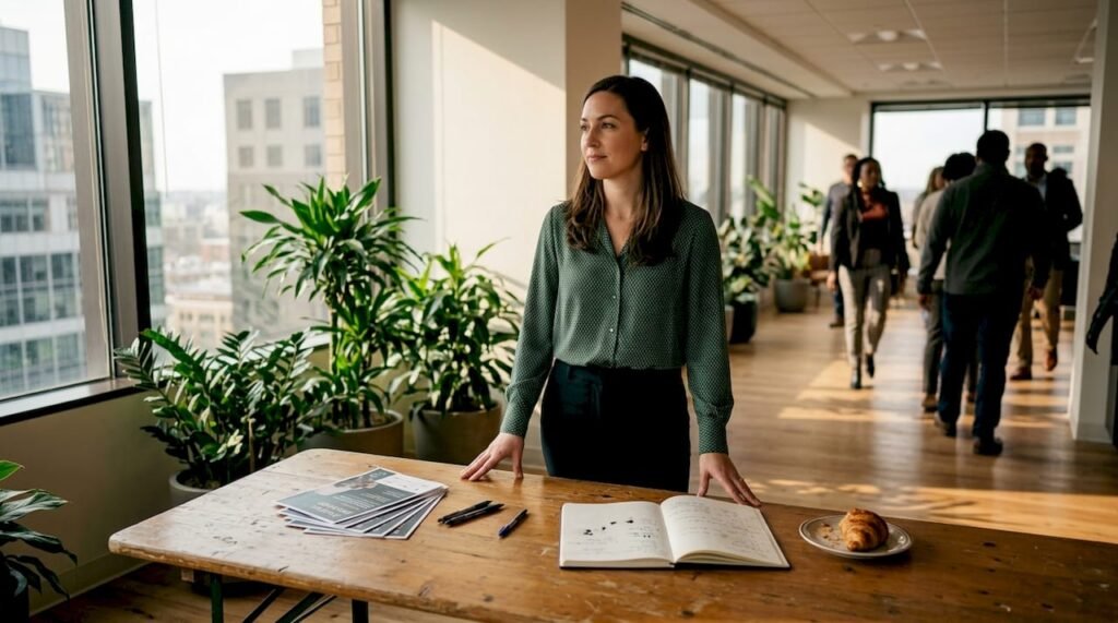 Evenementenorganisator aan het werk in een groen kantoor vol planten