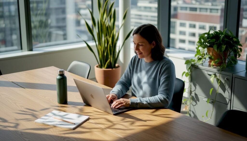 Een ambitieuze vrouw aan het werk in een kantoor dat helemaal is omringd door groene planten.