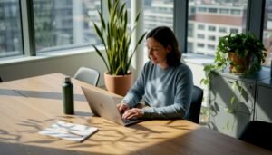 Een ambitieuze vrouw aan het werk in een kantoor dat helemaal is omringd door groene planten.