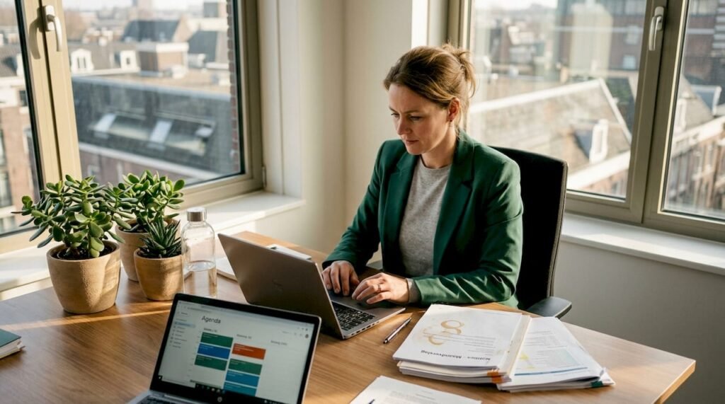 Een office manager die haar bureau opfleurt met een paar mooie vetplanten.