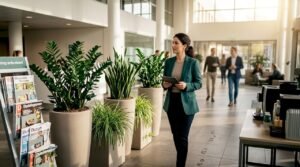 De facilitair manager maakt zijn ronde langs de groene, duurzame planten op kantoor.