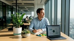 Medewerker overlegt in een vergaderruimte omringd door groene kantoorplanten.