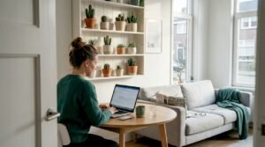 Een vrouw is aan het werk in een sfeervol interieur, omringd door cactussen.