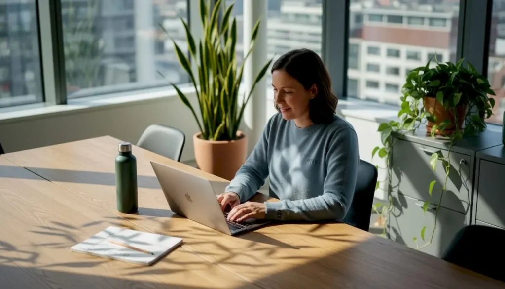 Een ambitieuze vrouw aan het werk in een kantoor dat helemaal is omringd door groene planten.