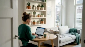 Een vrouw is aan het werk in een sfeervol interieur, omringd door cactussen.
