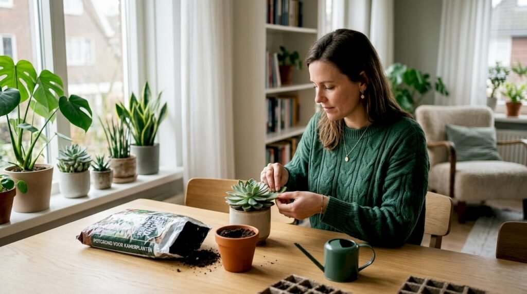 Een vrouw is aan de eettafel bezig met het stekken van vetplantjes.