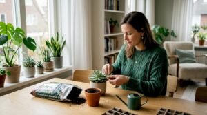 Een vrouw is aan de eettafel bezig met het stekken van vetplantjes.