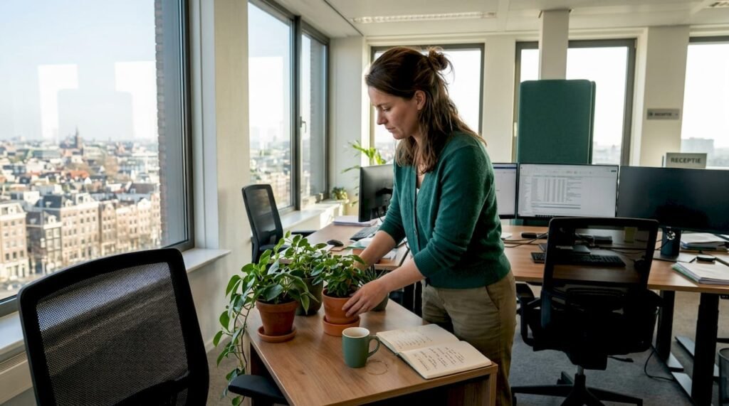Een vrouw brengt sfeer aan op haar kantoor door planten in de hoek van haar werkplek te zetten.