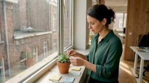 Een vrouw bekijkt aandachtig een vetplant die op de vensterbank van haar kantoor staat.